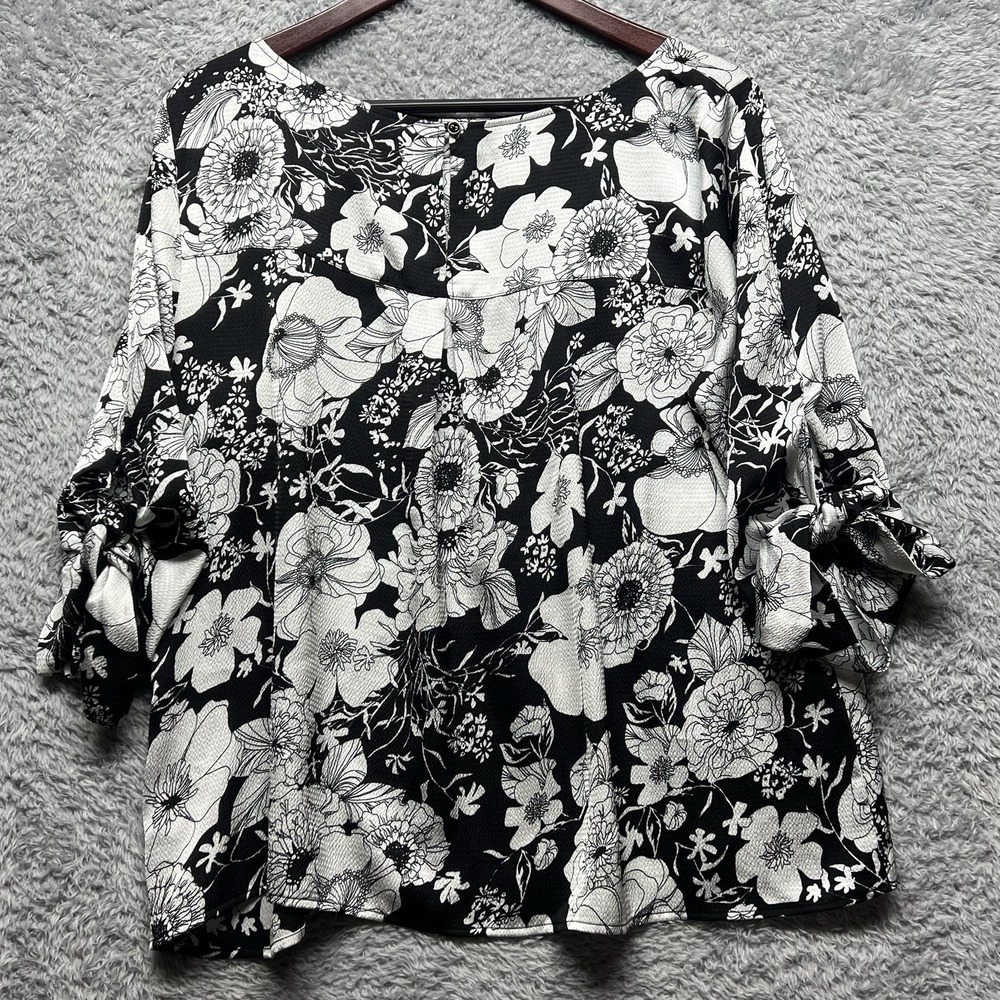 Talbots Top Womens PXL White Black‎ Marigolds Zinnias 3/4 Tie Sleeve Blouse